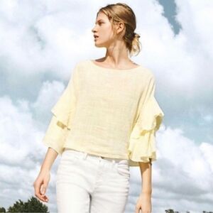 Anthropologie‎ Boho Crop Top Blouse Shirt XS Lilka Yellow Flutter Sleeve Beach